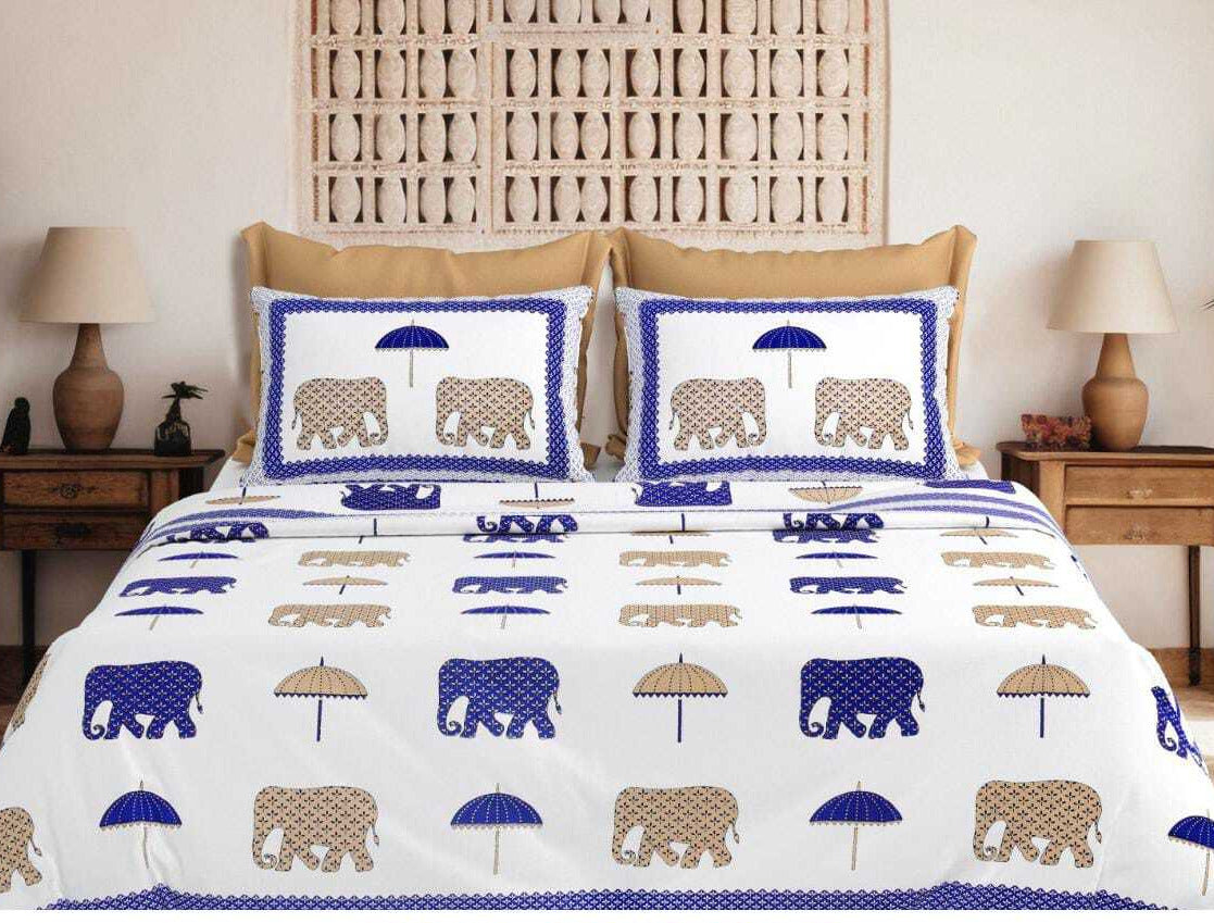 Block Buster Jumbo Size Cotton White Blue Animal Printed Premium Bed Sheet