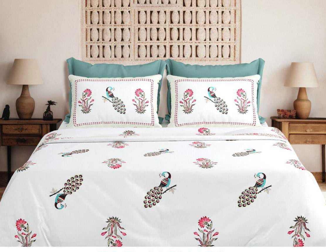 Block Buster Jumbo Size Cotton White Blue Printed Premium Bed Sheet