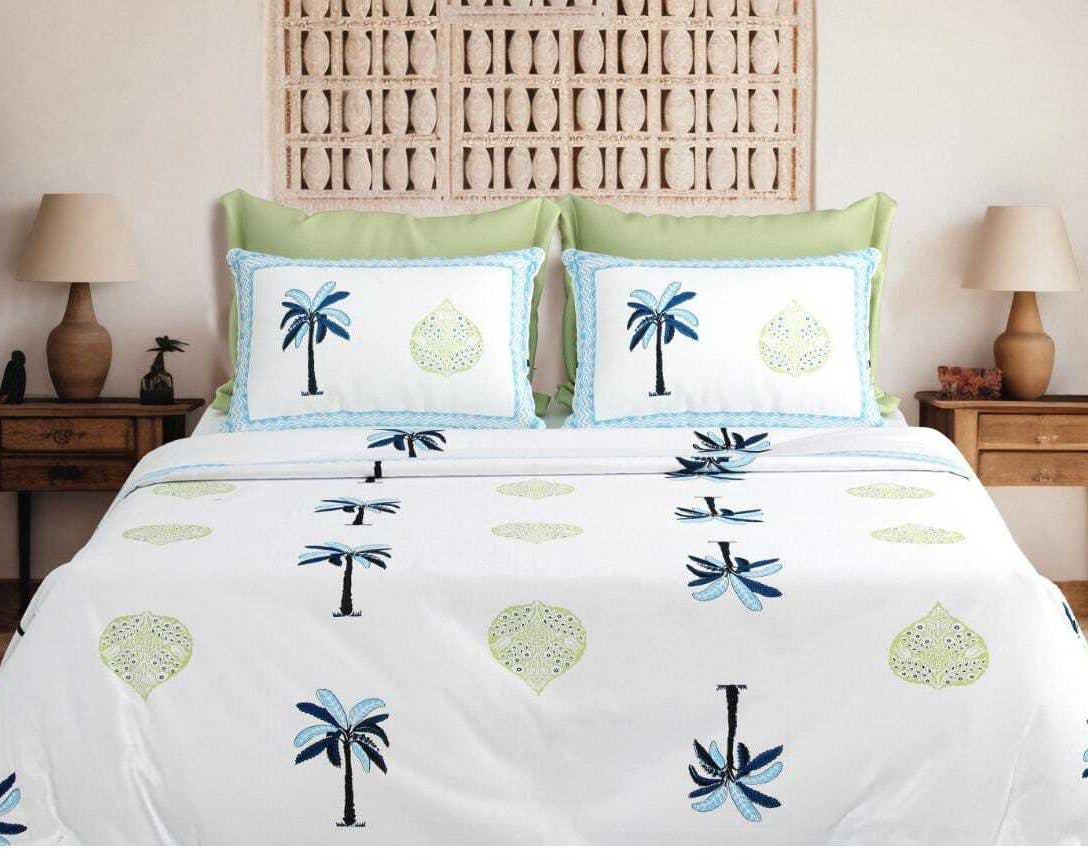 Block Buster Jumbo Size Cotton White Blue Printed Premium Bed Sheet