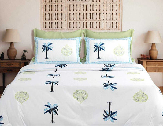 Block Buster Jumbo Size Cotton White Blue Printed Premium Bed Sheet