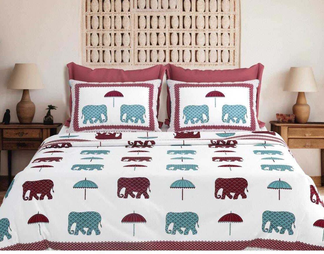 Block Buster Jumbo Size Cotton White Blue Animal Printed Premium Bed Sheet