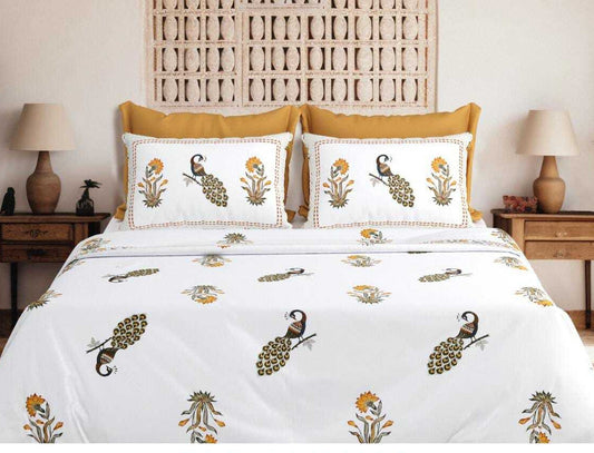 Block Buster Jumbo Size Cotton White orange Printed Premium Bed Sheet