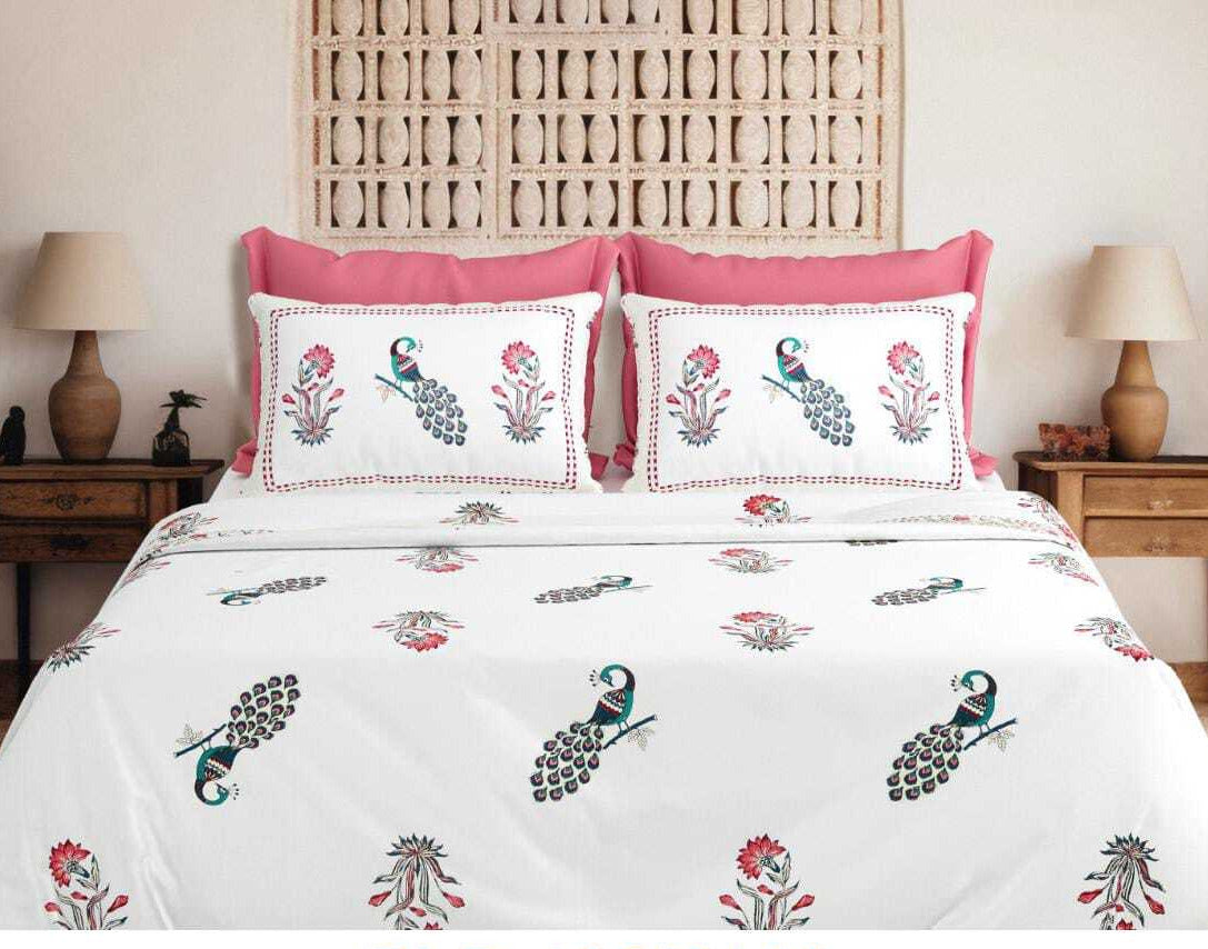 Block Buster Jumbo Size Cotton White Pink Printed Premium Bed Sheet