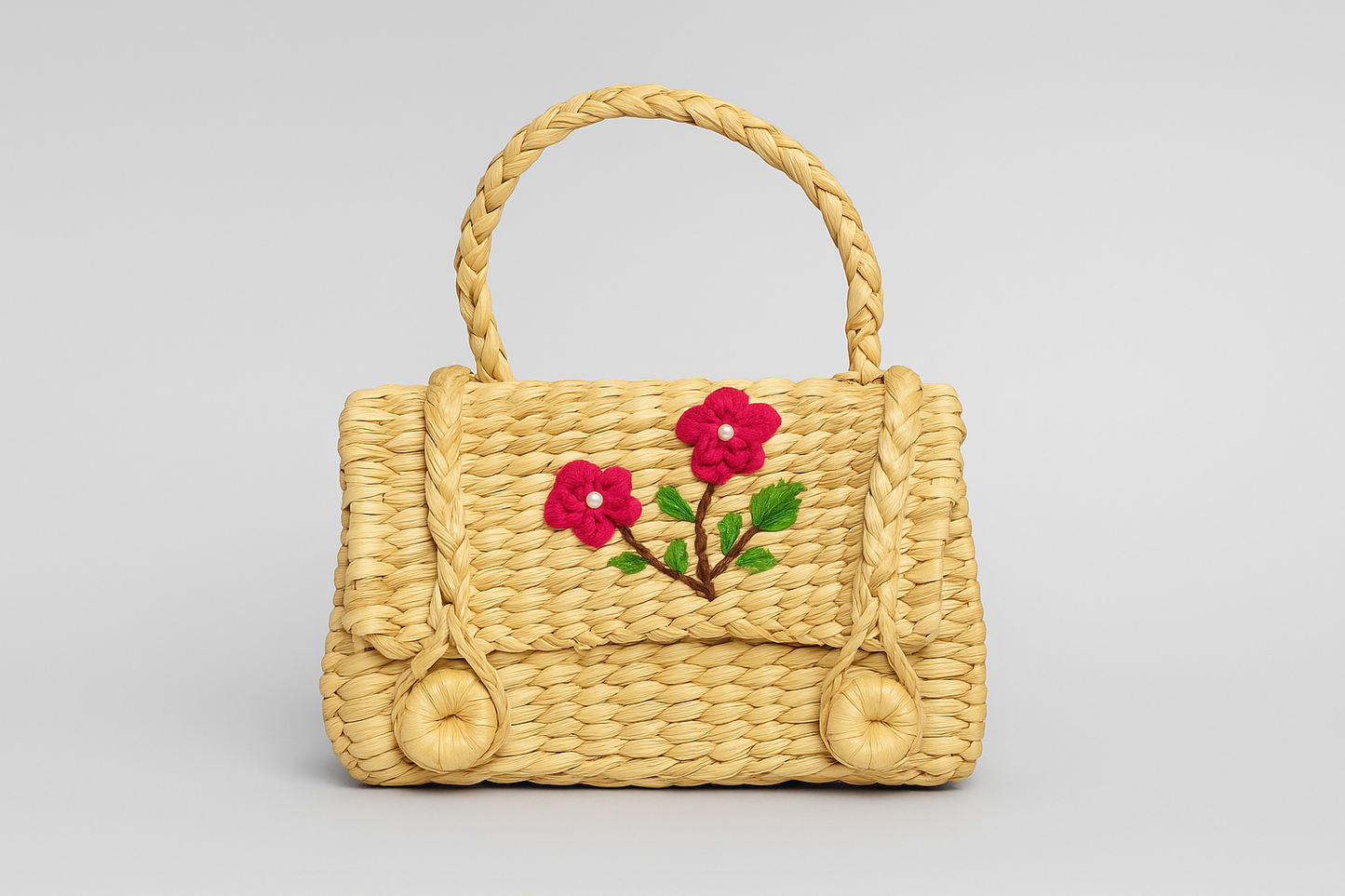 Eastern Craftworks Rectangular Woven Kauna Mini HandBag with Floral Embroidered Lid