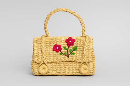 Eastern Craftworks Rectangular Woven Kauna Mini HandBag with Floral Embroidered Lid