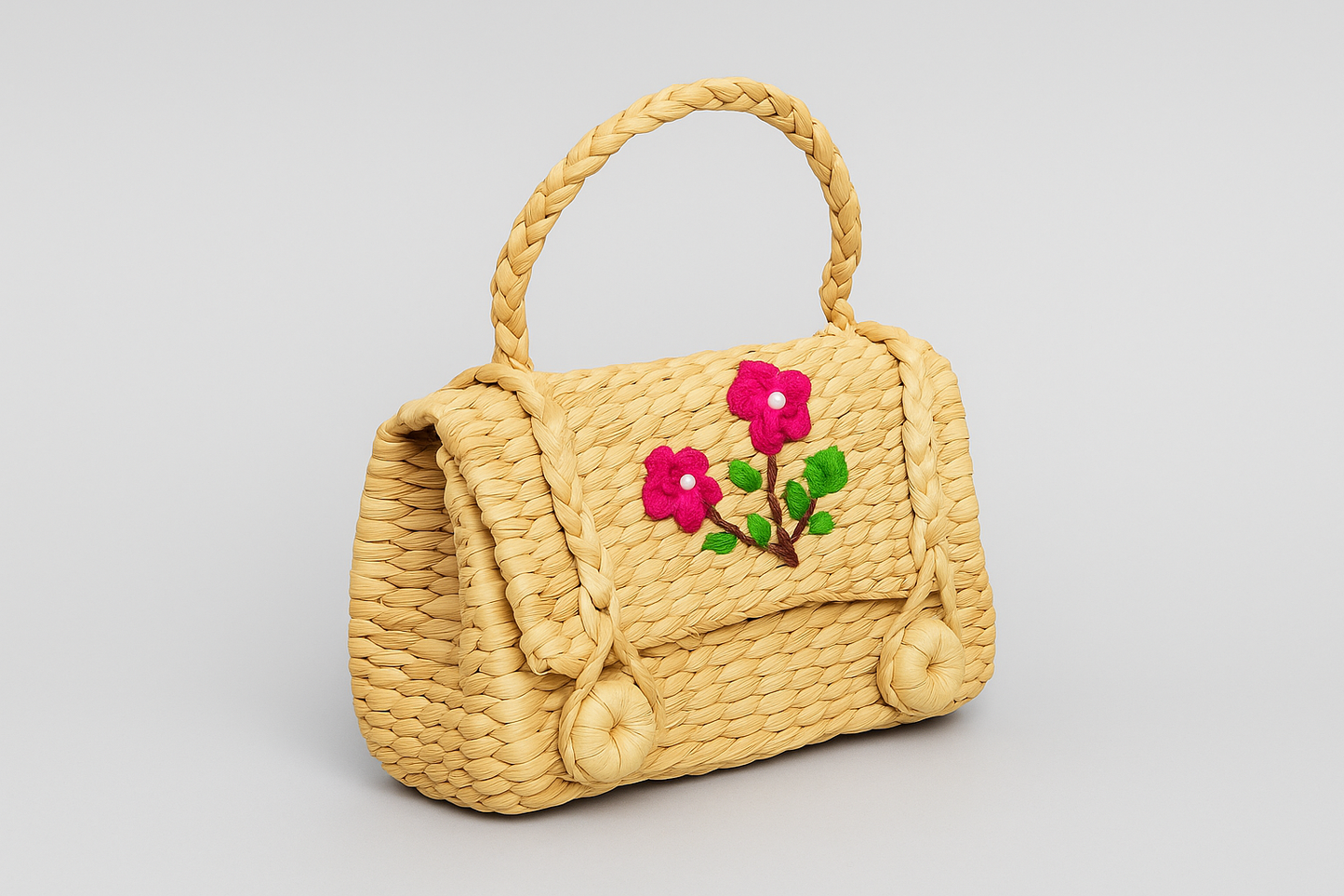 Eastern Craftworks Rectangular Woven Kauna Mini HandBag with Floral Embroidered Lid