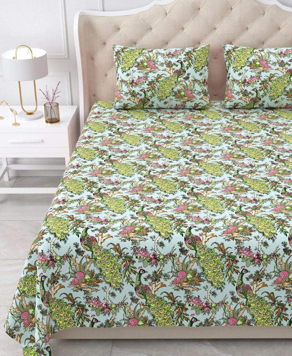 Nidhivan King Size Cotton Green Peacock Printed Premium Bed Sheet