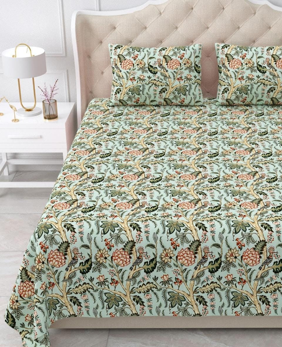 Nidhivan King Size Cotton Green  New Floral Printed Premium Bed Sheet