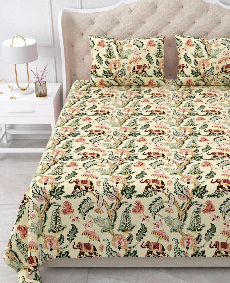 Nidhivan King Size Cotton Light Yellow with Dark Green New Floral Premium Bed Sheet