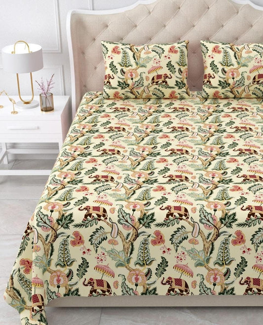 Nidhivan King Size Cotton Light Yellow with Dark Green New Floral Premium Bed Sheet