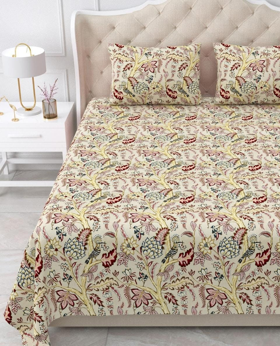 Nidhivan King Size Cotton Cream Maroon Floral Premium Bed Sheets with Pillow cases