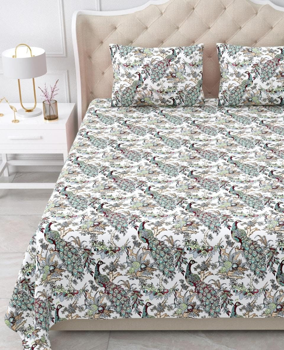 Nidhivan King Size Cotton White Green Peacock Printed Premium Bed Sheets with Pillow Covers