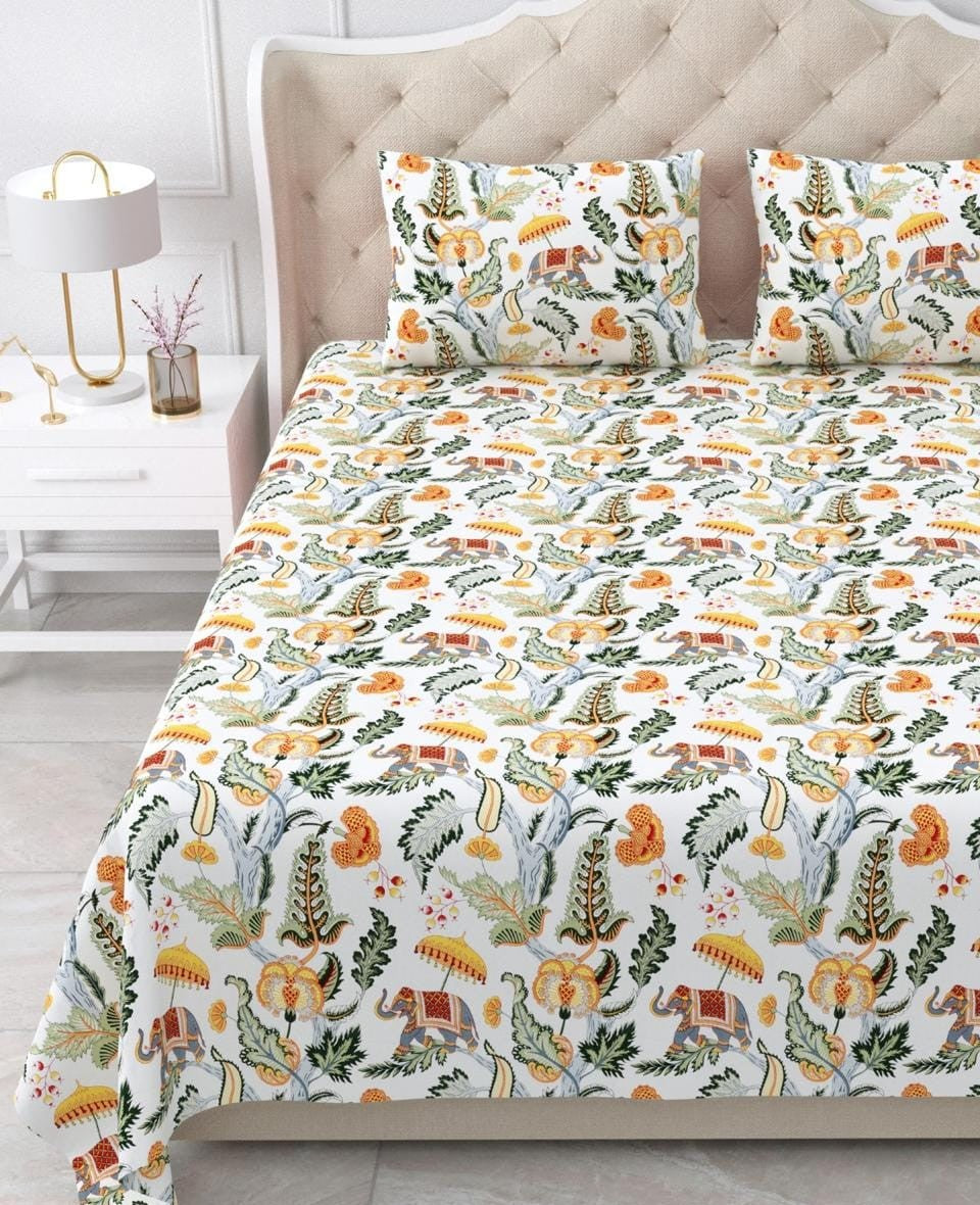Nidhivan King Size Cotton Green Floral Premium Bed Sheets with Pillow cases