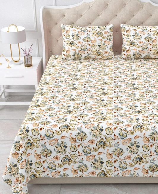 Nidhivan King Size Cotton White Green Floral Bed Sheets with Pillow Covers