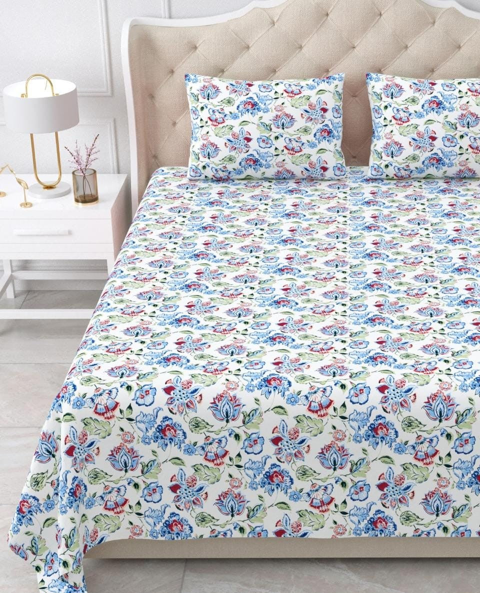 Nidhivan King Size Cotton White with Sky Blue Floral Printed Premium Bed Sheet