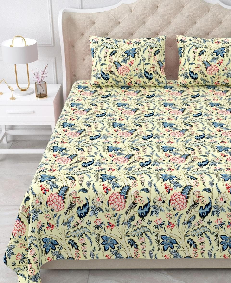 Nidhivan King Size Cotton Yellow with Dark Blue Floral Printed Premium Bed Sheet