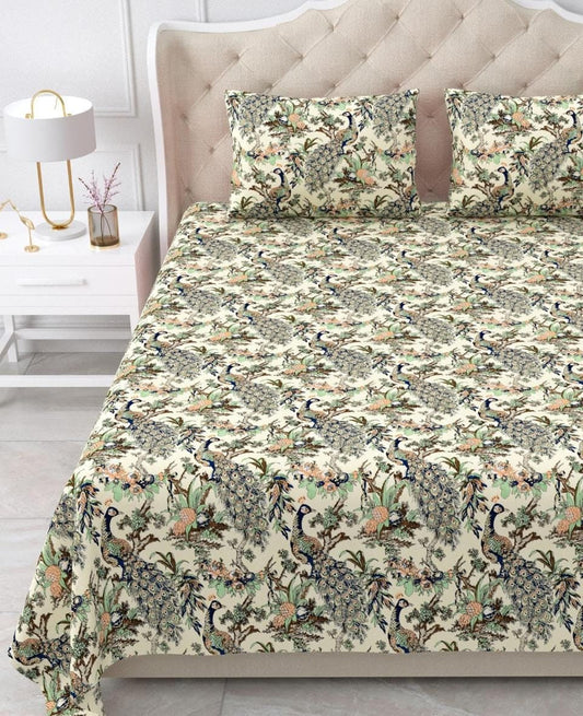 Nidhivan King Size Cotton Yellow with Green Peacock Printed Premium Bed Sheet