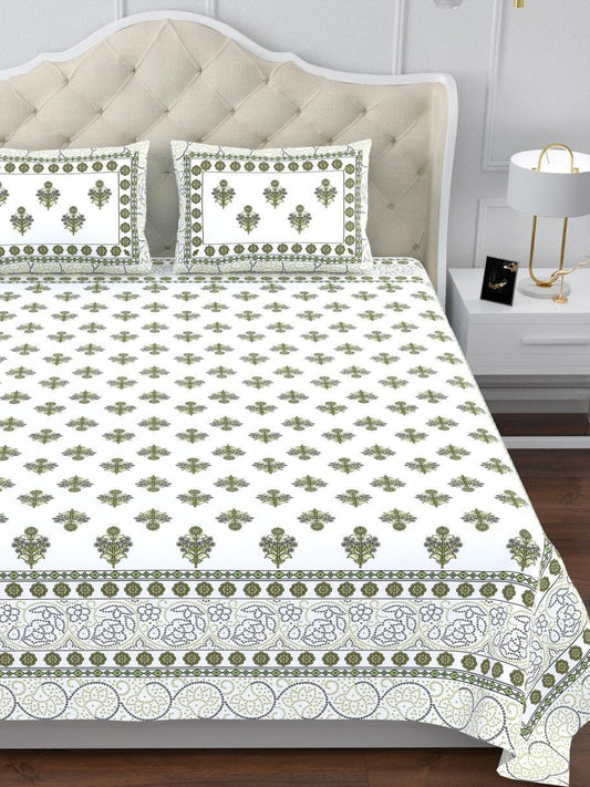 Sindoor King Size Cotton White Green Floral Printed Premium Bed Sheet