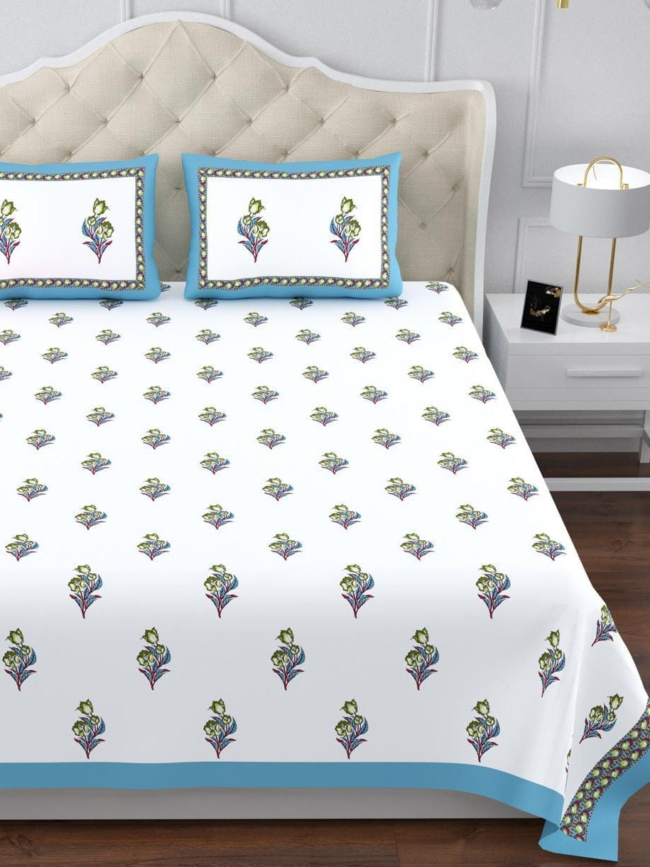 Sindoor King Size Cotton White Blue Floral Printed Premium Bed Sheet
