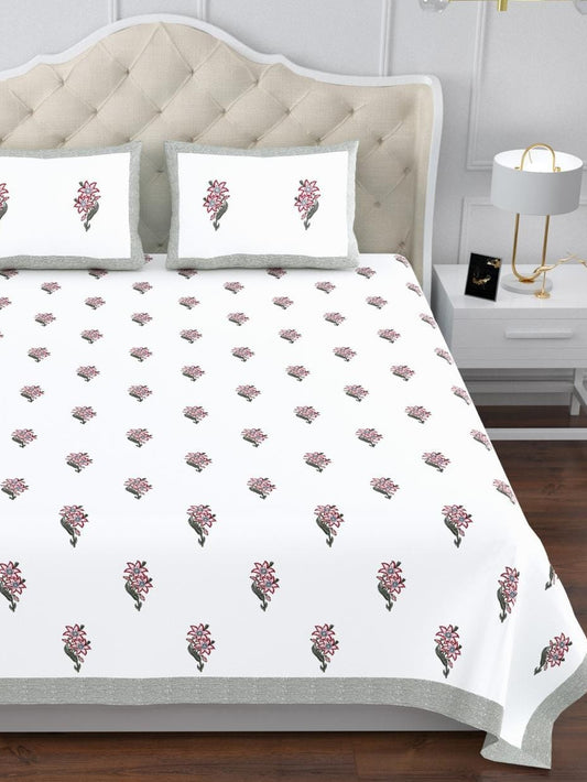Sindoor King Size Cotton White Dark pink Floral Printed Premium Bed Sheet