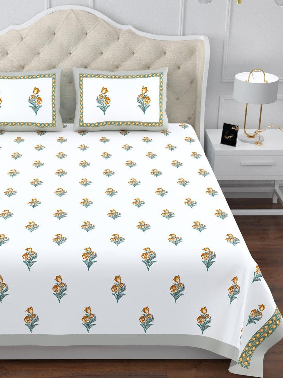 Sindoor King Size Cotton White Yellow Floral Printed Premium Bed Sheet